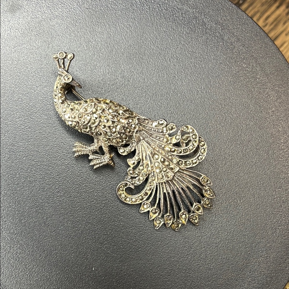 Vintage Art Deco Intricate Silver  And Marcasite Peacock Brooch